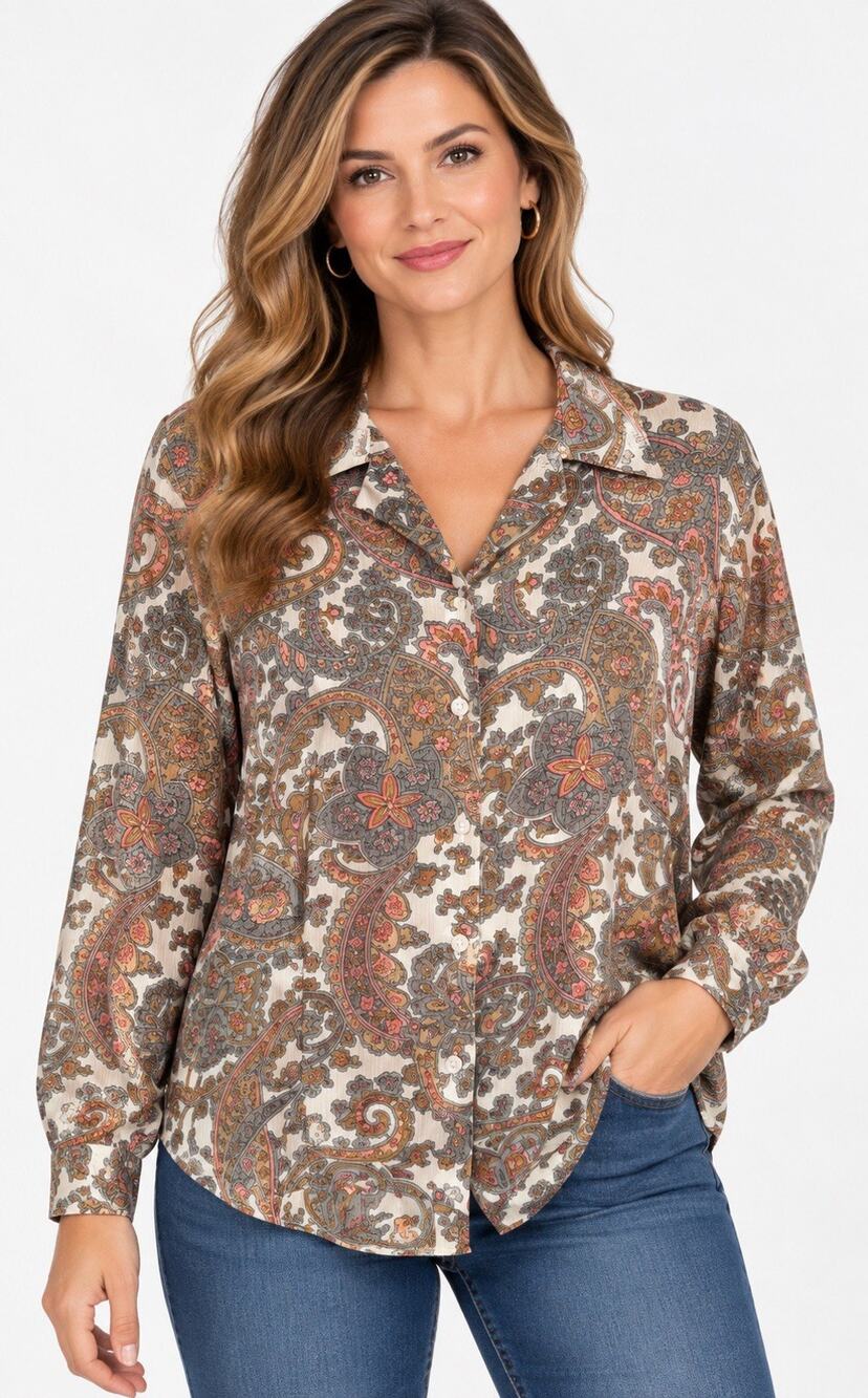 Alfred Dunner Women’s 12 Paisley Ribbed Blouse Boho Artsy Cottagecore Button Top